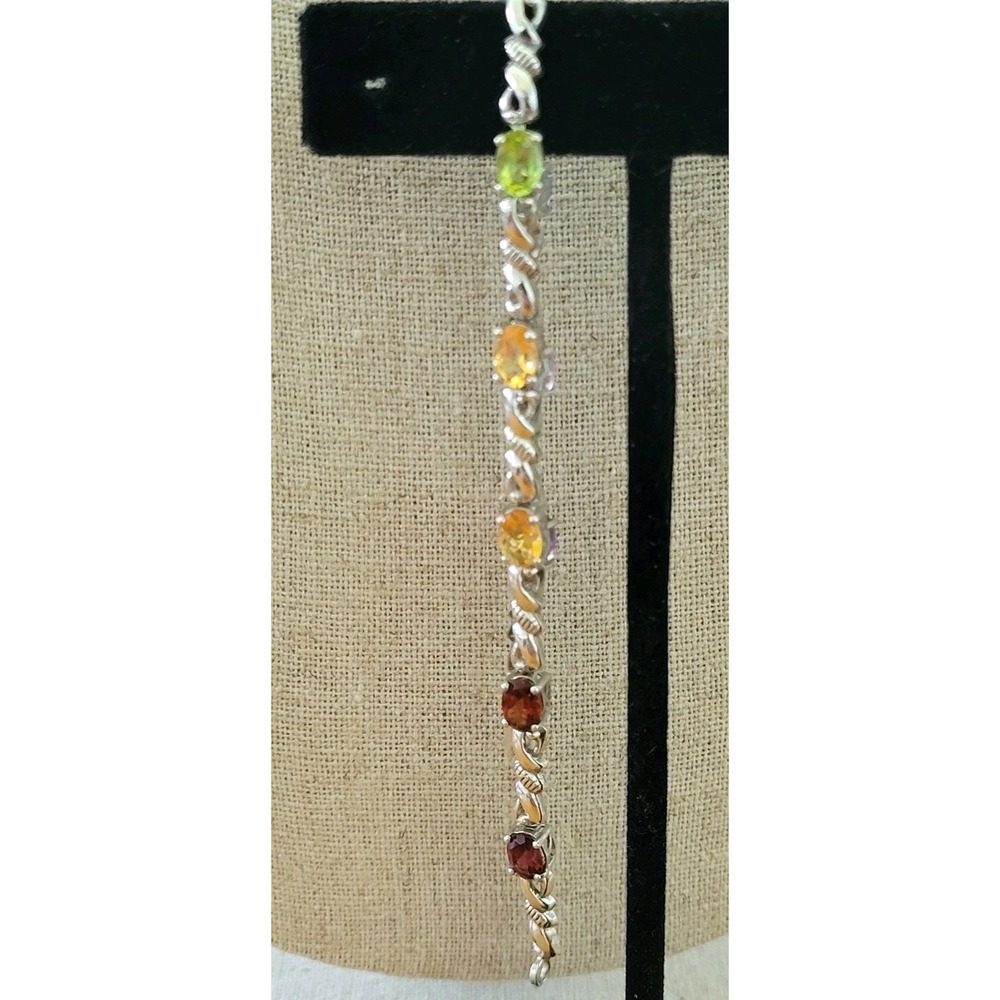 925 Sterling Silver Multi Gemstone Tennis Bracelet Amethyst Citrine Peridot 7.5"